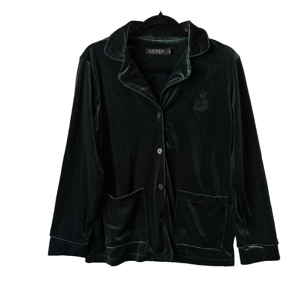 Lauren Ralph Lauren Emerald Green Velvet Button Front Pajama Top Women's S Logo